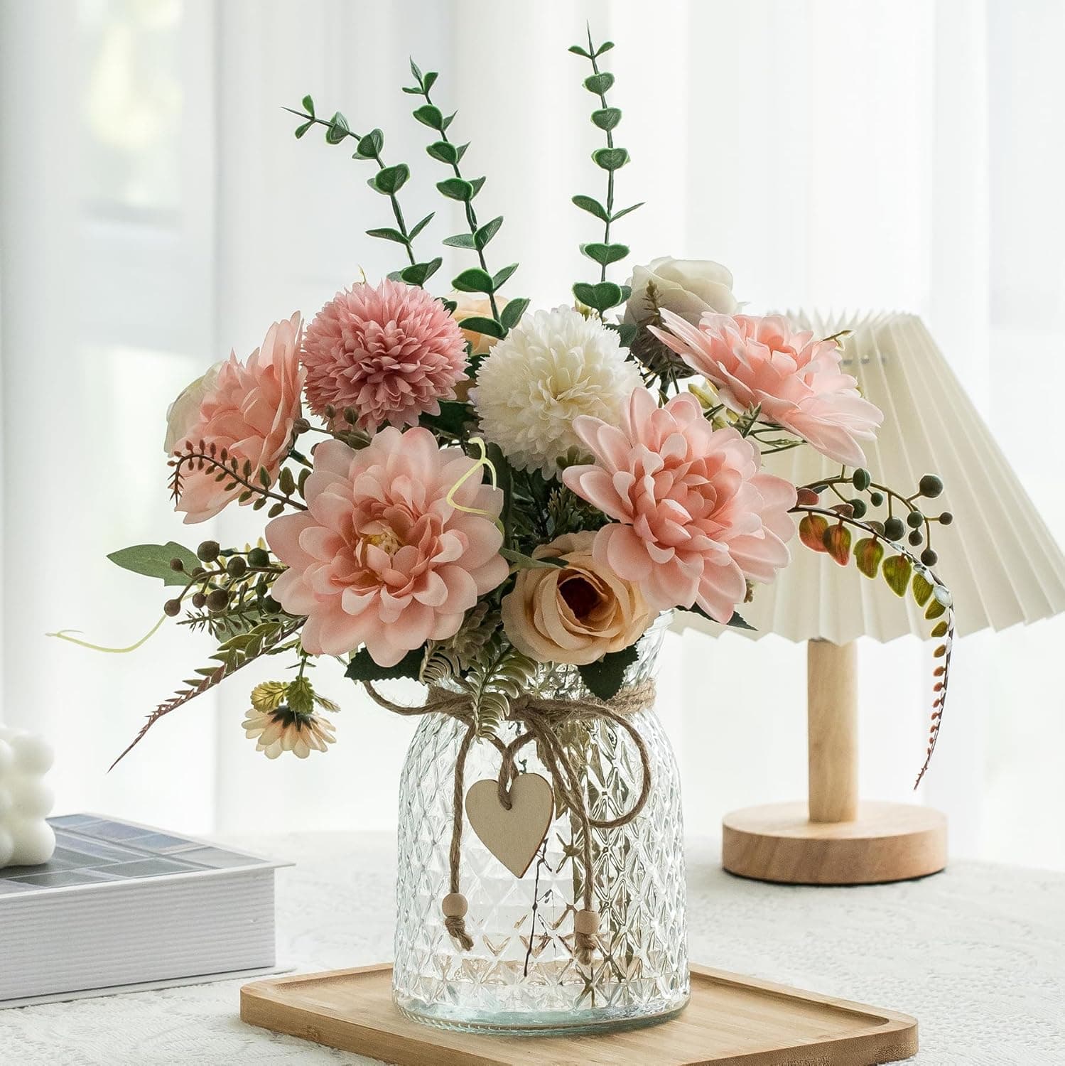 Silk Pink Dahlia Artificial Flowers with Vase